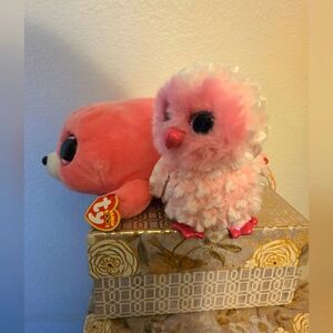 Set of 2 Ty Beanies. Large Pierre *Pink Seal* and Small Pink Owl *Twiggy*